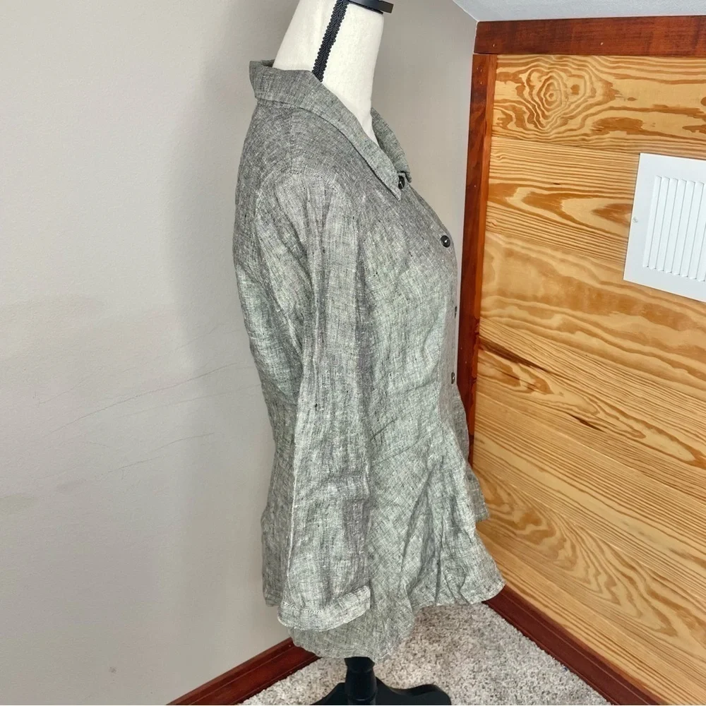 Flax Grey 100% Linen Collared Button Up Shirt Top Blouse Small